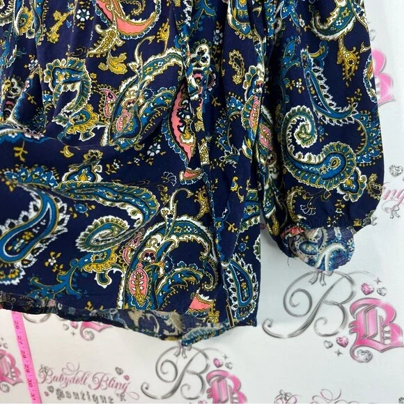 Anne Klein shirt long sleeve Navy Paisley Blouse with Coral and Teal Accents - Picture 11 of 12